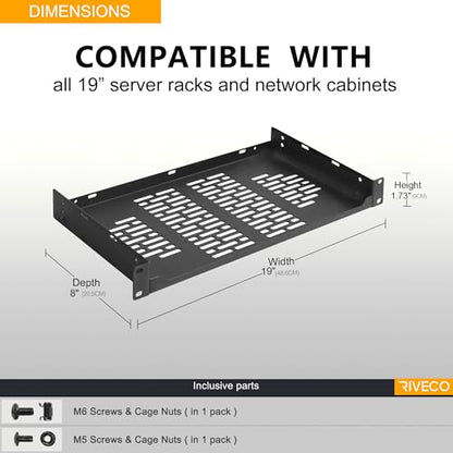 RIVECO 2 PCS 8” Rack Shelves for 19 inches Network Rack & Cabinets, 1U Rack Mount Shelf Vented Cantilever Tray, for Server, IT & Sound Equipment - size: 8"