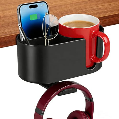 4 in 1 Desk Cup Holder, Clamp On Drink Holder with Headphone Hanger | Anti-Spill Clip on Desk Organizer for Pen Phone Mug, Gaming Office Desk Accessories fits Most Desks - color: Black-2 with Headphone Hanger