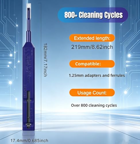 Fiber Pen Cleaner for LC/MU Connectors, 1.25mm UPC/APC Ferrule Cleaner, One-Push Fiber Optic Cleaning Tool with Extendable Probe (2.38” to 3.63”), 800+ Cleans per Unit, Anti-Static - 10 Pack - size: 1.25mm