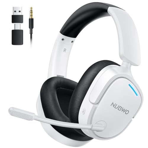 NUBWO 2.4GHz Wireless Gaming Headset for PS5, PS4, PC, Laptop, Mac, 7.1 Surround Sound, Noise Canceling Mic, 20ms Low-Latency, 80Hr Battery, Lightweight & Foldable Bluetooth Gaming Headphones-White - color: White/Black