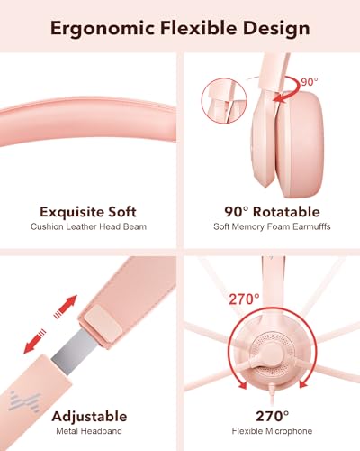 JIAMQISHI USB Headset with Microphone for PC, On-Ear Computer Laptop Headphones with Noise Cancelling Mic in-line Control for Home Office Online Class Zoom (USB+3.5mm, Pink) - color: Pink, style: USB+3.5mm