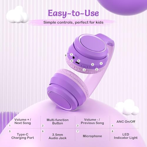 TONOSHARK Kids Bluetooth Headphones with ANC for School Travel Gift | Wireless Over-Ear Headphones for Boys Girls, Foldable, Adjustable, Safe Volume, 40H Playtime, Mic for School Travel - color: Purple