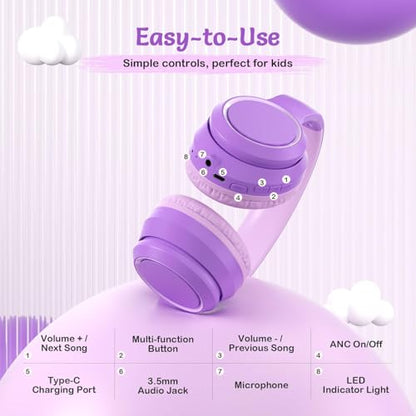 TONOSHARK Kids Bluetooth Headphones with ANC for School Travel Gift | Wireless Over-Ear Headphones for Boys Girls, Foldable, Adjustable, Safe Volume, 40H Playtime, Mic for School Travel - color: Purple