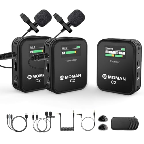 Moman Wireless Lavalier Microphone C2X, 2.4G Dual Transmitter Lapel Mic 656FT 8H for Online Class Vlog Stream YouTube for Camera Smartphone Tablet (C2X Dual) - size: C2X