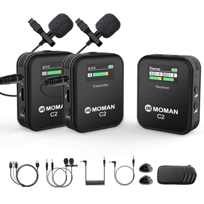 Moman Wireless Lavalier Microphone C2X, 2.4G Dual Transmitter Lapel Mic 656FT 8H for Online Class Vlog Stream YouTube for Camera Smartphone Tablet (C2X Dual) - size: C2X