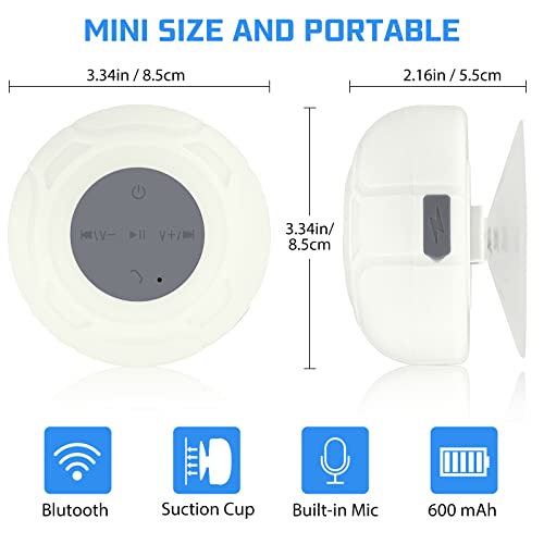 Waterproof Bluetooth Shower Speaker Portable Wireless Water-Resistant Speaker Suction Cup,Built-in Mic Gifts for Kids Speakerphone for iPhone Phone Tablet Bathroom Kitchen - White - color: White