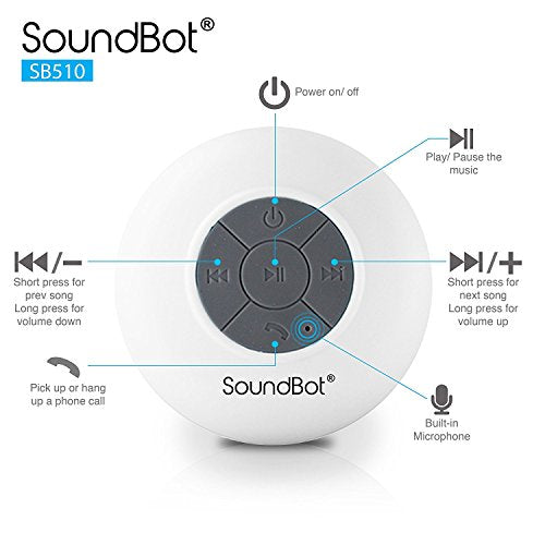 Soundbot SB510 Water-Resistant Bluetooth Shower Speaker, Suction Cup, White | Up to 6 hours of playtime, built-in microphone, 33-foot range, tactile controls, compact design, clear audio, USB charging - color: White, size: 4*3.38*3.38 in.