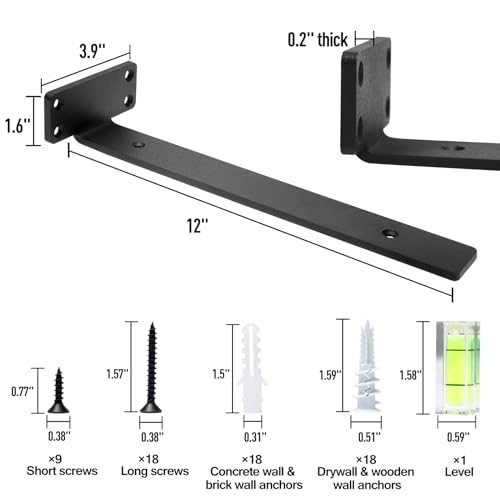 HITOMEN Heavy Duty Floating Shelf Brackets, 12-Inch (1/5'' Thick) Hidden Shelves Hardware, Iron L Brackets, Rustic Industrial Black Metal Wall Shelving Supports, 4 Pack - size: 12 Inch, style: 4 Pack