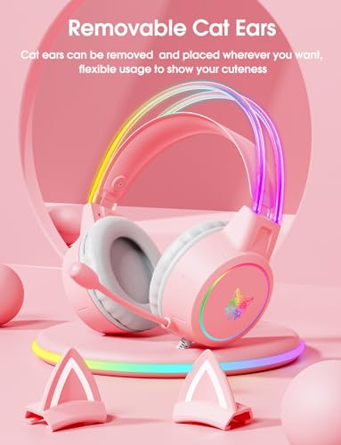 Lightweight Gaming Headset, RGB Lighting, Wired Over Ear Headphones with Mic for PC Laptop PS4 PS5 Switch, Stereo Surround Sound, Self-Adjusting Headband, Pink Cat Ear - color: Pink Cat Ear