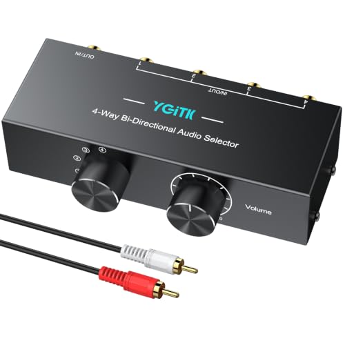 4-Way Stereo Audio Switcher 4-in-1/1-in-4-Out Bi-Directional for Speaker | YGiTK 3.5mm Aux&RCA L/R Audio Switch Selector Box with OFF Button, 1.5m/4.9ft RCA Cable for Headphones, Amplifiers, Computer - size: 4-Way
