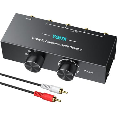 4-Way Stereo Audio Switcher 4-in-1/1-in-4-Out Bi-Directional for Speaker | YGiTK 3.5mm Aux&RCA L/R Audio Switch Selector Box with OFF Button, 1.5m/4.9ft RCA Cable for Headphones, Amplifiers, Computer - size: 4-Way