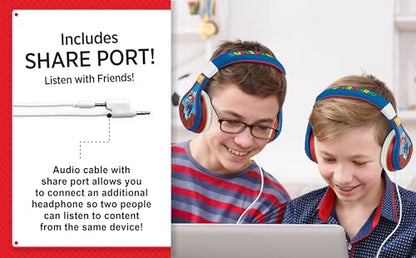 eKids Super Mario Kids Headphones, Adjustable Headband, Stereo Sound, 3.5Mm Jack, Wired Headphones for Kids, Tangle-Free, Volume Control, Childrens Headphones Over Ear for School Home, Travel | Adjustable Headband - color: Super Mario