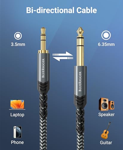 BlueRigger 3.5mm to 6.35mm Audio Cable (10FT, Bi-Directional, 3.5mm 1/8" Male TRS to 6.35mm 1/4" Male TRS, Braided Stereo Audio Cable for Cellphone, Amplifiers, Guitar, Speaker - size: 10FT