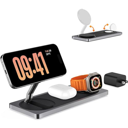 3 in 1 Wireless Charging Station for Apple Devices with MagSafe | For iPhone 17/Air/16/15/14/13/12, AirPods & Apple Watch, Foldable Portable Aluminum Charging Stand, Adapter Included - color: Black