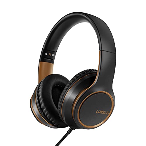 LORELEI X8 Over-Ear Wired Headphones with Microphone with 1.45m-Tangle-Free Nylon Line&3.5mm Plug,Lightweight Foldable & Portable Headphones for Smartphone,Tablet,Computer,Mp3/4(Black-Gold) - color: Black-Gold