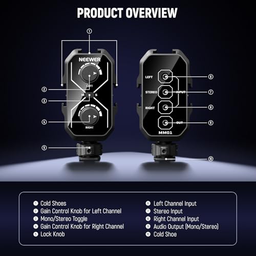 NEEWER MM01 Dual Channel Microphone Audio Mixer Adapter with 3.5mm TRS Cable, Stereo/Mono Switch, Cold Shoe Mounts for DSLR Camera, Smartphones, Battery Powered Microphones for Video Recording