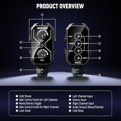 NEEWER MM01 Dual Channel Microphone Audio Mixer Adapter with 3.5mm TRS Cable, Stereo/Mono Switch, Cold Shoe Mounts for DSLR Camera, Smartphones, Battery Powered Microphones for Video Recording