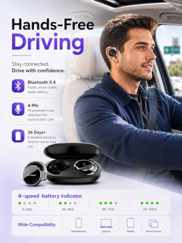 Ear Clip Bluetooth Headphones, Open Ear Headphones with 4 Microphones | 27mm driver |18H per charge | 52H with case | Dual-device pairing | 4-level case LEDs | Mute On/Off - color: Black&silver&Black