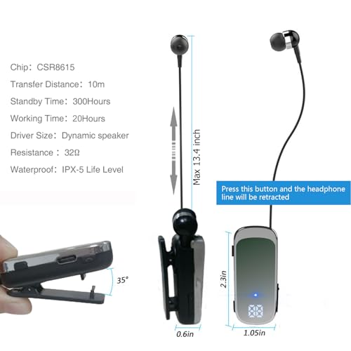 Retractable Wireless Headset Headphone Stereo Earphone V5.0 Noise Cancelling Mic Clip on Earpiece Comfortable HandsFree Headset 20Hrs Talking Time Sports Business Trucker Driver Earbud - color: Green