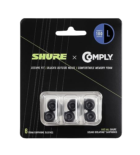 Shure Comply Foam Sleeves 100 Series - Replacement Memory Foam Tips for Shure Sound Isolating Earphones - 6 Pack (3 Pairs), Large (EACYF1-6L) - size: Large