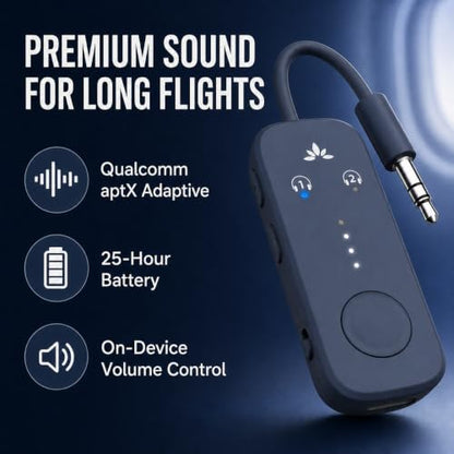 Avantree Relay - Airplane Bluetooth Adapter for 2 AirPods or Headphones | Qualcomm aptX Adaptive, 25H Battery, Firmware Upgrades, Volume Controls, 3.5mm AUX Audio Transmitter for Flight Travel & Gym - color: 3-Midnight Blue