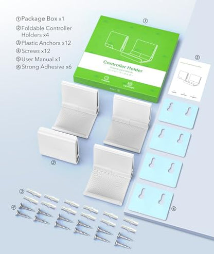 4 Pack Foldable Controller Wall Mount Holder for Xbox PS5 PS4 PS3 Switch Pro Strong Adhesive/Screw Upgraded Controller Stand Hanger with Anti-slip Pad Universal Gaming Remote, Headphone Accessories - color: White