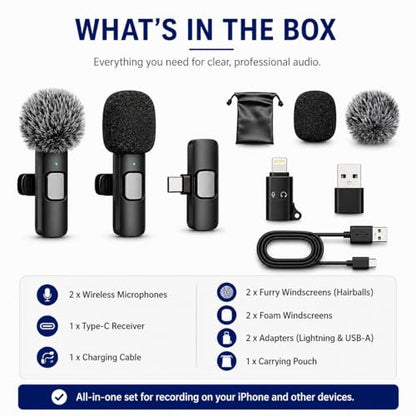 Sahara - Dual Wireless Lavalier Microphone Set, 2 Clip-On Mics, Noise Reduction, Plug & Play Auto Pairing, USB-C Receiver, Lightning & USB-A Adapters for Recording & Streaming