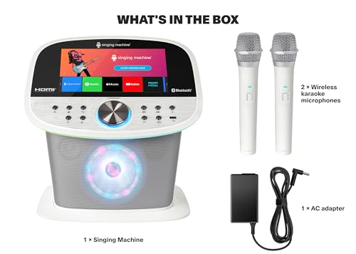 Singing Machine Karaoke Machine Screen, WiFi, Music Apps, 2 Microphones | Portable Karaoke Machine/Speaker for Adults & Kids, Ideal for House Parties, Compatible with YouTube & Spotify - color: white