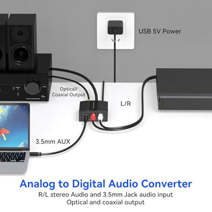 Analog to Digital Audio Converter RCA to Optical Converter RCA/3.5MM to Toslink and Coaxial Adapter for PS5 PS4 DVD Soundbar