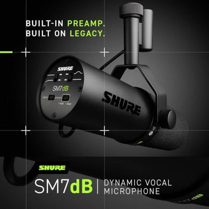 Shure SM7dB Dynamic Vocal Mic with Preamp for Streaming - Black | Dynamic vocal mic with built-in preamp for streaming, podcasting and recording; warm smooth sound, rugged build - style: SM7dB