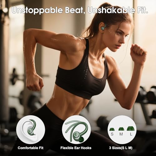Wireless Sports Earbuds with Earhooks, 48H Deep Bass/ENC Mic Ear Bud Green | Wireless Earphone with LED Display, Bluetooth 5.3 Headphones In Ear, IPX7 Waterproof Over Ear Buds for Running/Workout - color: Green