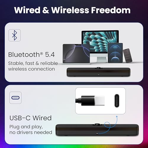PHILIPS PC Sound Bar, Computer Speakers for Desktop, Bluetooth 5.4 Soundbar with Built-in Microphone, Clear Audio, RGB Lights with Volume Knob, USB Playback, for Laptop, Monitor, Gaming Setup