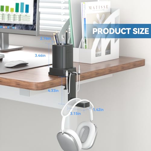 KDD Rotatable Headphone Holder with Cord Organizer - 3 in 1 Desk Clamp Pencil Holder & Headset Hanger - Pen Organizer for Office Accessories Charging Cables