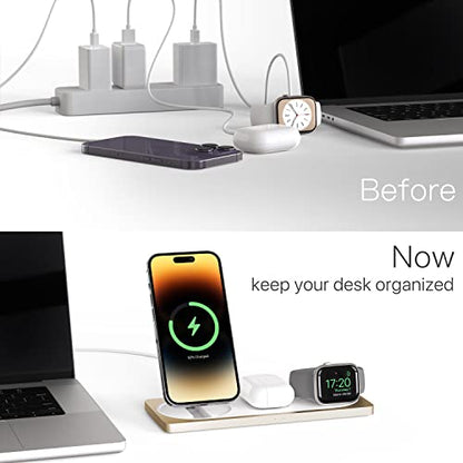 3-in-1 Charging Station for Apple Devices: Used for iPhone and Watch Charging Station with Magsafe Charger Stand, Wireless Charger for iPhone15/14/13/12, Apple Watch 1-9/Ultra, AirPods 3 Pro - color: Light gold
