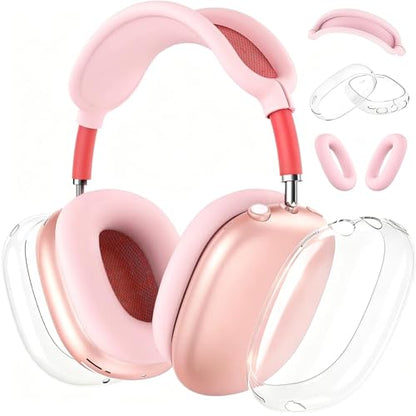 3-in-1 Case for AirPods Max, Clear TPU Ear Cup Protectors & Silicone Headband Cover, Anti-Scratch Accessories Set Compatible with AirPods Max 2/1 (2026/2024/2020),Pink - color: B4-Pink