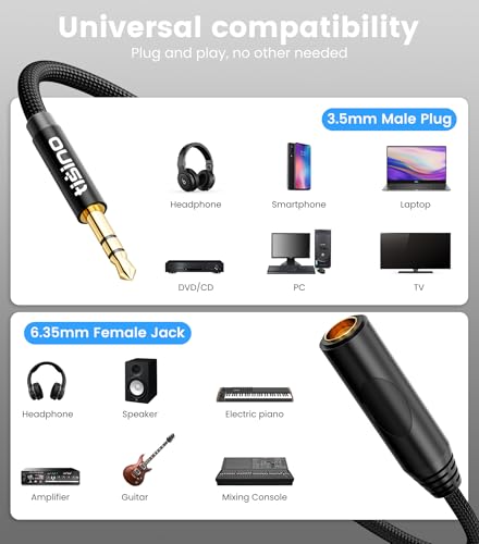 Tisino Female 1/4" to 3.5mm Male Stereo Audio Adapter Cable, 10ft/3m | 3.5mm Male to 1/4" Female TRS Stereo Jack Adapter for Headphones/Guitar/Piano/Amplifiers, Gold-Plated Shielded Cable - size: 10 feet