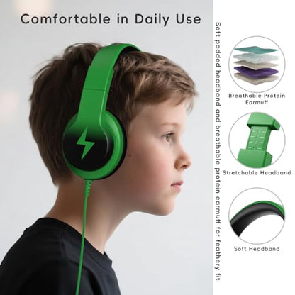 Candy Bila Wired Kids Headphones for School, Over-Ear for Boys Girls | Volume Limiter 85/94dB, HD Stereo Sound, Microphone and Wired Control,Foldable Design, Black and Green - color: Black and Green