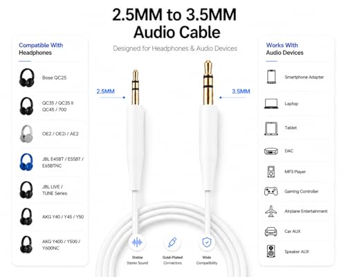 Replacement Audio Cable Cord,2.5mm to 3.5mm Extension Wire for Bose QuietComfort QC45 QC35II QC35 QC25 NC700 QC Ultra OE2 Headphones (No mic White)