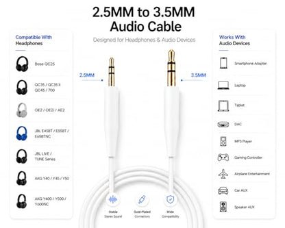 Replacement Audio Cable Cord,2.5mm to 3.5mm Extension Wire for Bose QuietComfort QC45 QC35II QC35 QC25 NC700 QC Ultra OE2 Headphones (No mic White)