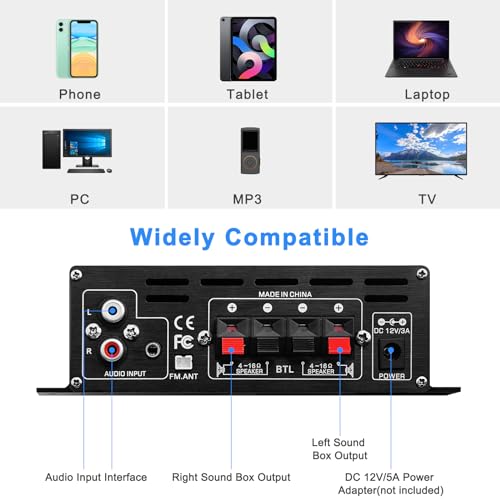 AK-380 USB SD BT.C FM AUX Audio Power Amplifier 2.0 CH 40W+40W HiFi AMP | Stereo AMP Bluetooth 5.0 Speaker Amp Receiver with 12V 5A Power Supply,FM Antenna for Car Home Bar Party - color: AK-380(2.0CH 40W+40W RMS)
