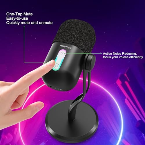USB Microphone for PC, Cardioid Condenser Microphone with Active Noise Cancellation, Quick Mute, Built-in Headphone Jack, Gaming Mic with Table Stand, for Live Streaming, Instruments, Podcast