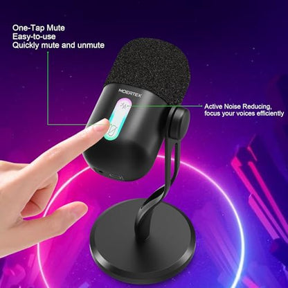 USB Microphone for PC, Cardioid Condenser Microphone with Active Noise Cancellation, Quick Mute, Built-in Headphone Jack, Gaming Mic with Table Stand, for Live Streaming, Instruments, Podcast