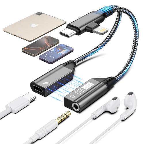 Magnetic Lightning + USB C to 3.5mm Headphone and Charger Adapter,【Apple MFi Certified】 2-in-2 USB C/Lightning to Aux Audio Jack with PD Fast Charging Cable Compatible with iPhone 16/15 /14/Samsung