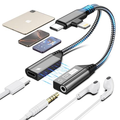 Magnetic Lightning + USB C to 3.5mm Headphone and Charger Adapter,【Apple MFi Certified】 2-in-2 USB C/Lightning to Aux Audio Jack with PD Fast Charging Cable Compatible with iPhone 16/15 /14/Samsung