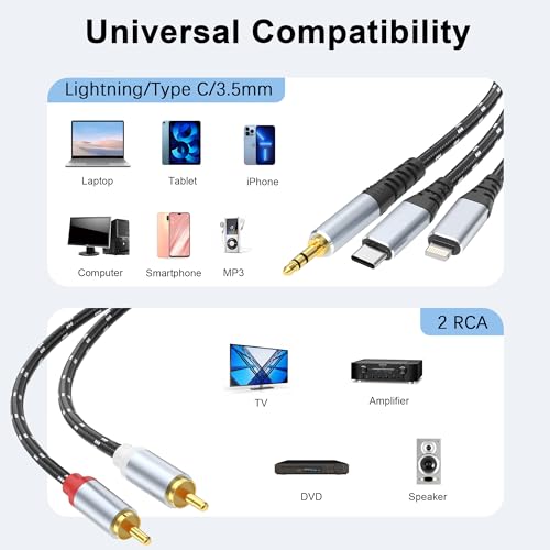 3.5mm to RCA Cable, Lightning to RCA Male to Aux Audio Adapter HiFi Sound Headphone Jack Adapter,(3 in 1 Audio Cable) Connector for iPhone/iPad Speaker MP3 Tablet HDTV(6FT) - size: 6FT, style: 3IN2RCA
