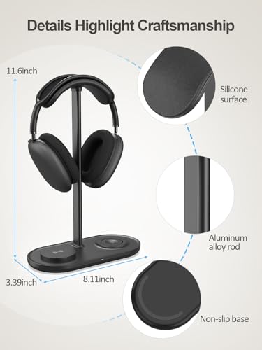 4 in 1 Headphone Stand, Airpod Max Charger Stand with 15W Wireless Charger | Headset Holder for AirPods Max 2/Pro/iWatch/Vision Pro, Charging for iPhone 17/16/15/14/13/12/11/X, Aluminum Alloy Rod, Black - color: Dark Black