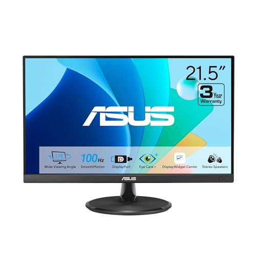 ASUS 22” Eye Care Monitor (VP229QF) – 100Hz, IPS, Full HD, 99% sRGB, Frameless, Adaptive-Sync, DisplayPort, HDMI, Low Blue Light, Flicker Free, Wall Mountable, 3 yr Warranty | Includes monitor arm, base and HDMI cable for mounting, connectivity and assemb