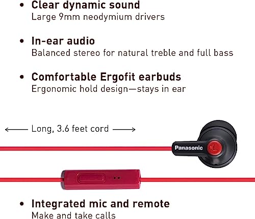 Panasonic ErgoFit Wired Earbuds with Microphone, 3.5mm Jack Headphones with Mic and Call Controller, Ergonomic Custom-Fit Earpieces (S/M/L), for Phones and Laptops - RP-TCM125-KB (Matte Black/Red) - color: Matte Black/RED, style: With Mic