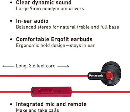 Panasonic ErgoFit Wired Earbuds with Microphone, 3.5mm Jack Headphones with Mic and Call Controller, Ergonomic Custom-Fit Earpieces (S/M/L), for Phones and Laptops - RP-TCM125-KB (Matte Black/Red) - color: Matte Black/RED, style: With Mic