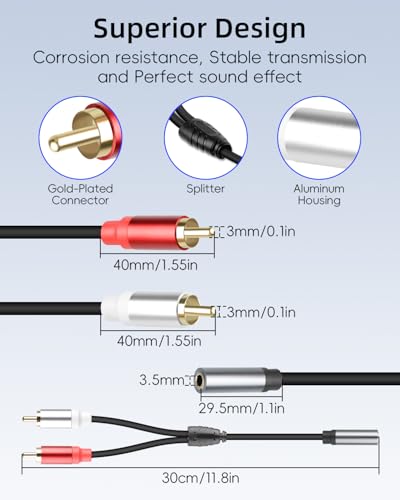 RCA to 3.5mm Aux Cable,3.5mm to 2 RCA Stereo Audio Y Splitter Cable,1/8 Female to 2RCA Male Headphone Jack Audio Adpter for Phone,Tablet,Computer,MP3,Speaker (1Ft/2Pack) - style: female to male